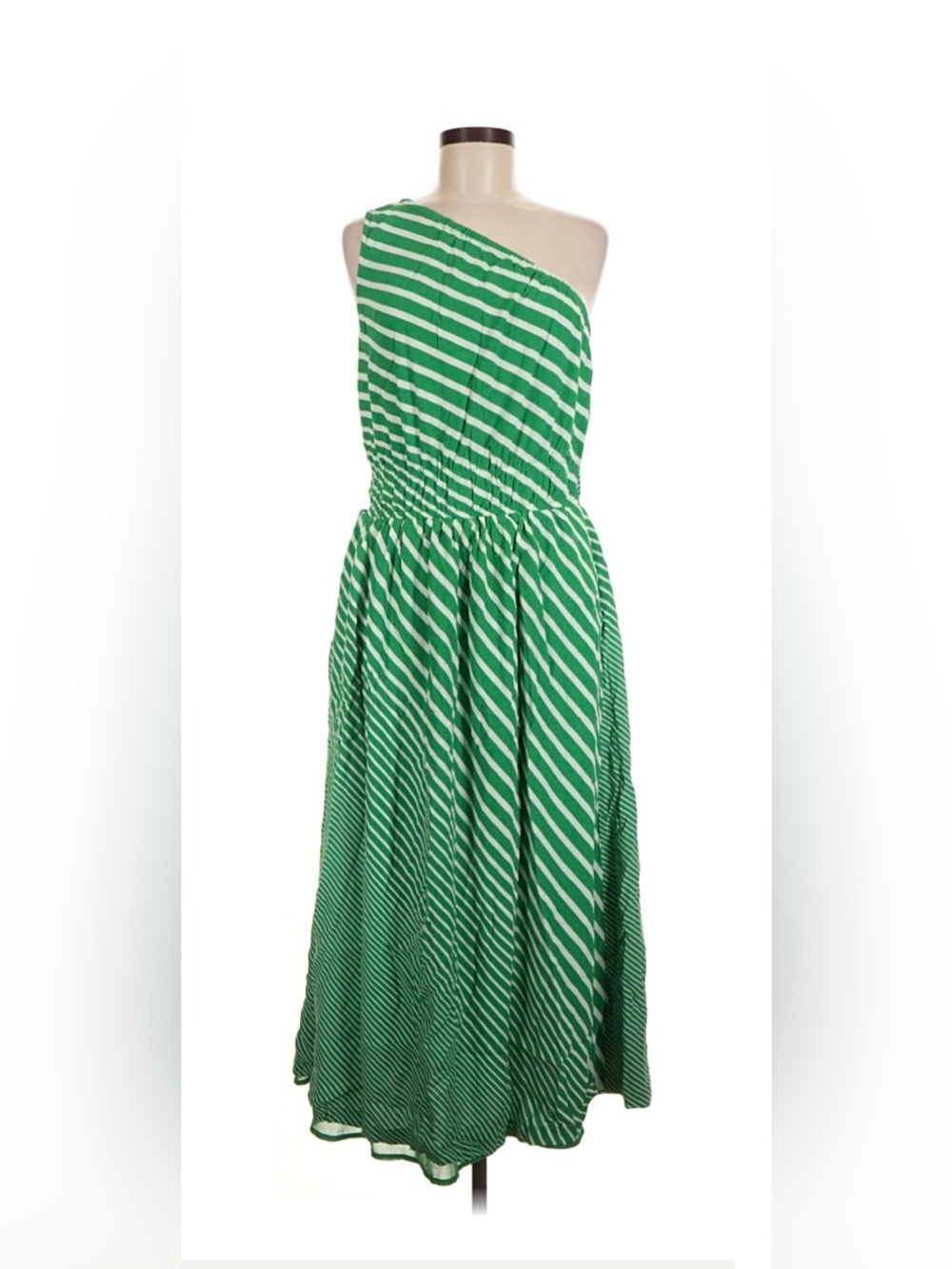 Lands' End Green and White One-Shoulder Striped Midi Dress